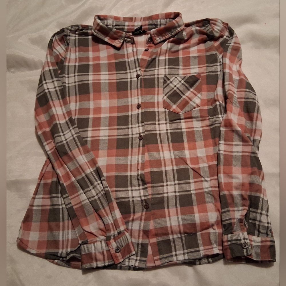 rue21 Coral and Gray Plaid Flannel Shirt - Picture 3 of 6